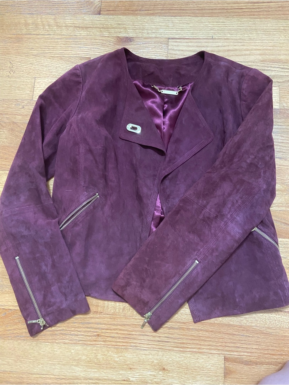 Trina Turk Plum Suede Moto Jacket with Gold Zippers